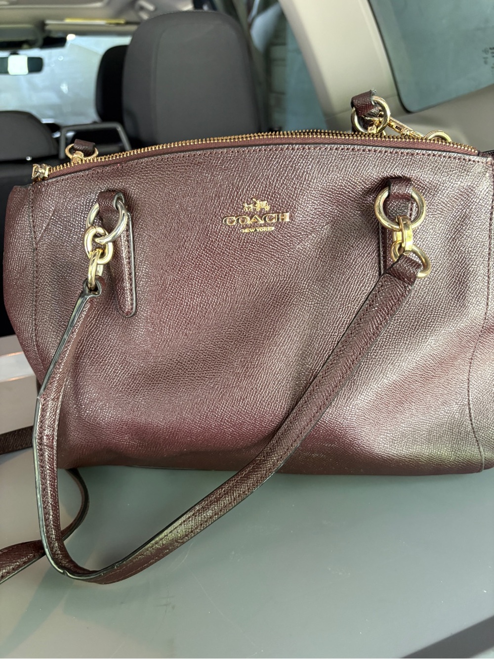 COACH Leather Shoulder Bag in Oxblood with Gold Hardware